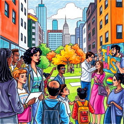 A vibrant and dynamic drawing that captures the diverse roles of men, women, and LGBTQ individuals in contemporary society