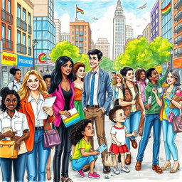 A vibrant and dynamic drawing that captures the diverse roles of men, women, and LGBTQ individuals in contemporary society