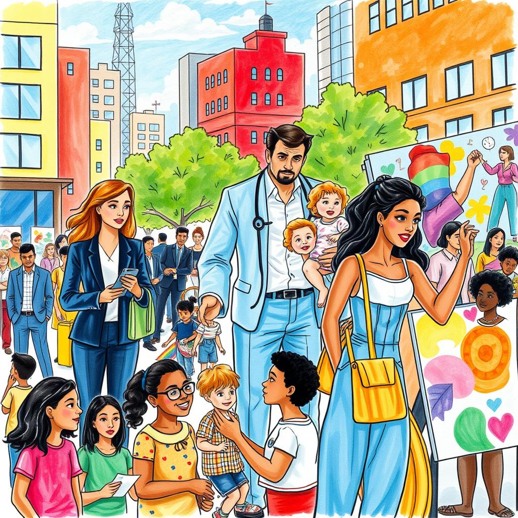 A vibrant and dynamic drawing that captures the diverse roles of men, women, and LGBTQ individuals in contemporary society
