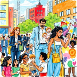 A vibrant and dynamic drawing that captures the diverse roles of men, women, and LGBTQ individuals in contemporary society