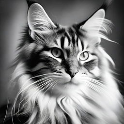 An artistic black and white portrait of a Maine Coon cat. Capture its unique characteristics, long, lush fur and tufted ears, while enhancing its dramatic facial expressions.