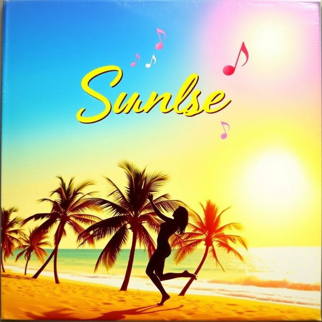 A vibrant and eye-catching album cover featuring a sunny beach scene with clear blue skies and a golden sunset in the background