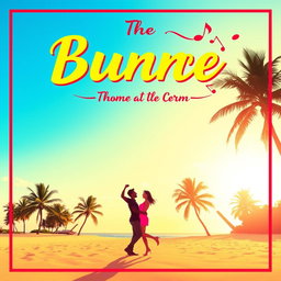 A vibrant and eye-catching album cover featuring a sunny beach scene with clear blue skies and a golden sunset in the background