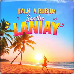 A vibrant and eye-catching album cover featuring a sunny beach scene with clear blue skies and a golden sunset in the background