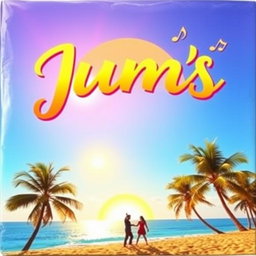 A vibrant and eye-catching album cover featuring a sunny beach scene with clear blue skies and a golden sunset in the background