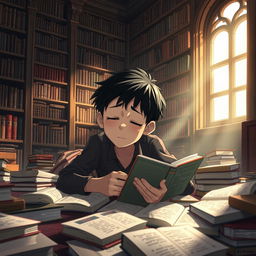 An animated scene depicting a 15-year-old boy with short black hair lying on the floor covered with books, his eyes heavy with sleep as he attempts to read one of the books