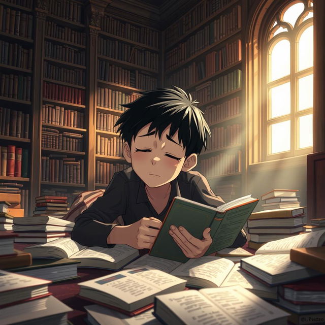 An animated scene depicting a 15-year-old boy with short black hair lying on the floor covered with books, his eyes heavy with sleep as he attempts to read one of the books