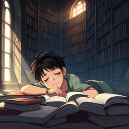 An animated scene depicting a 15-year-old boy with short black hair lying on the floor covered with books, his eyes heavy with sleep as he attempts to read one of the books