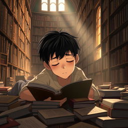 An animated scene depicting a 15-year-old boy with short black hair lying on the floor covered with books, his eyes heavy with sleep as he attempts to read one of the books