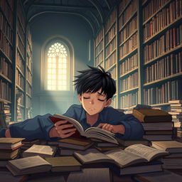An animated scene depicting a 15-year-old boy with short black hair lying on the floor covered with books, his eyes heavy with sleep as he attempts to read one of the books