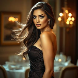 A beautifully lit scene featuring an elegant woman in a sophisticated pose, dressed in a stunning evening gown that elegantly highlights her curves