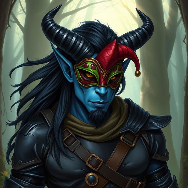 A blue tiefling man with striking curved horns and long flowing black hair, dressed in sleek black leather armor that accentuates his physique
