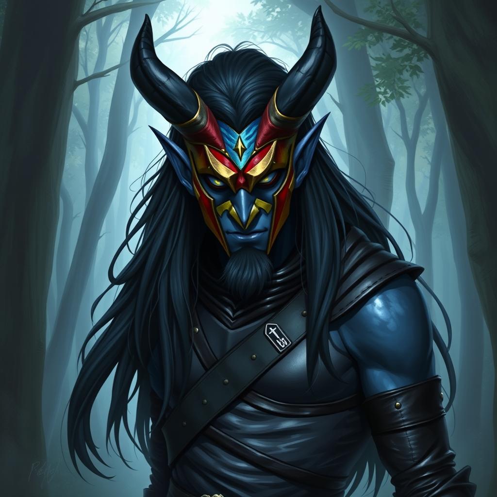 A blue tiefling man with striking curved horns and long flowing black hair, dressed in sleek black leather armor that accentuates his physique