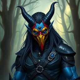 A blue tiefling man with striking curved horns and long flowing black hair, dressed in sleek black leather armor that accentuates his physique