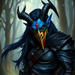 A blue tiefling man with striking curved horns and long flowing black hair, dressed in sleek black leather armor that accentuates his physique