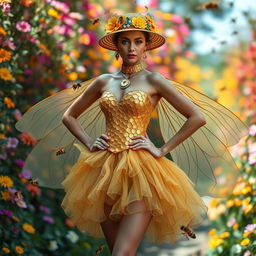 A stunning fashion design inspired by the intricate patterns and colors of bees