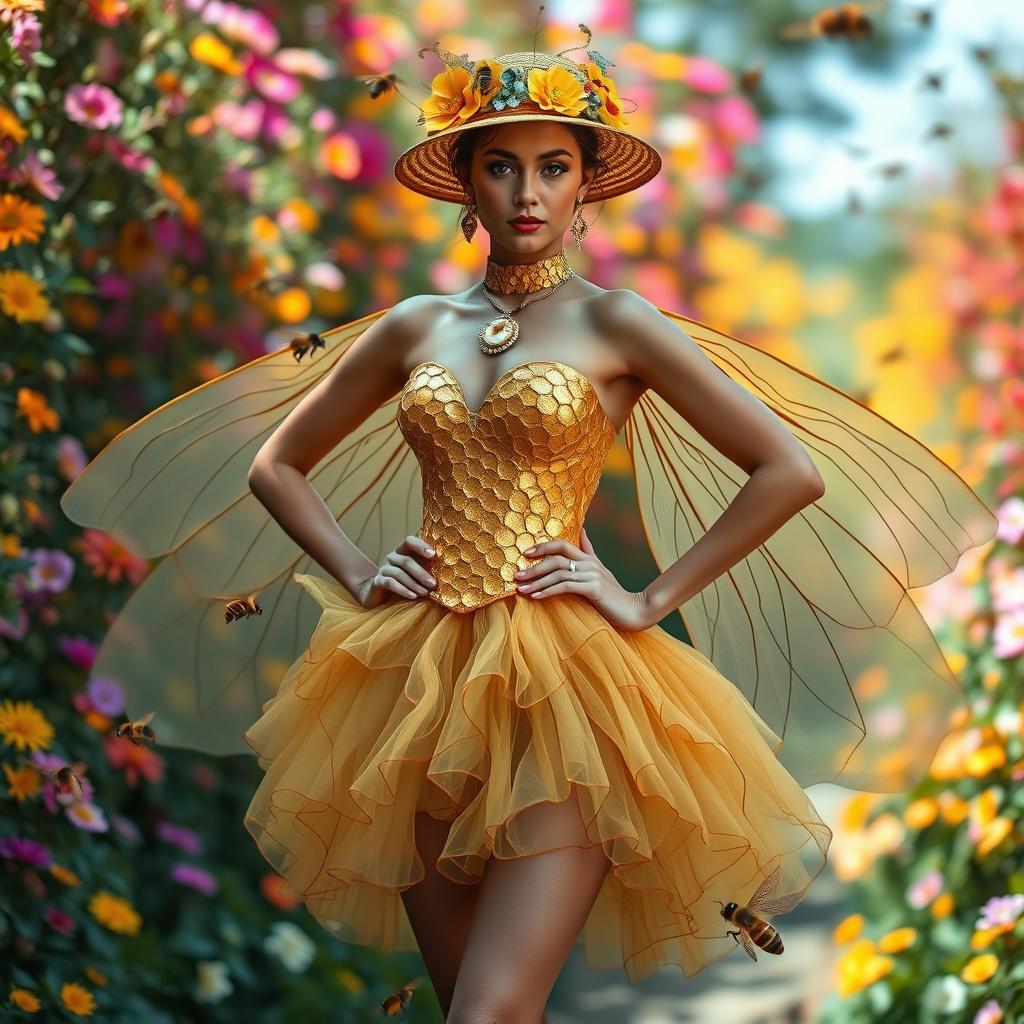 A stunning fashion design inspired by the intricate patterns and colors of bees