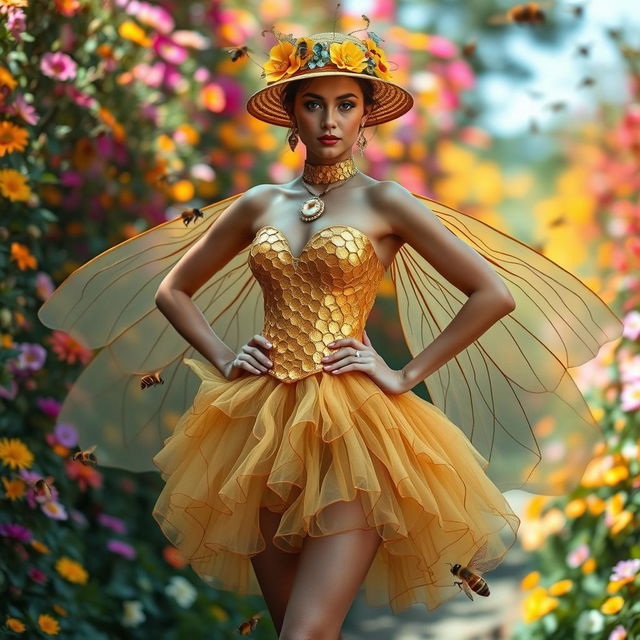 A stunning fashion design inspired by the intricate patterns and colors of bees