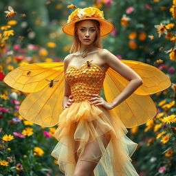 A stunning fashion design inspired by the intricate patterns and colors of bees
