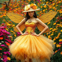 A stunning fashion design inspired by the intricate patterns and colors of bees