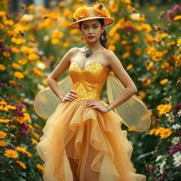 A stunning fashion design inspired by the intricate patterns and colors of bees