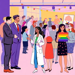 A vibrant and inclusive illustration depicting the diverse roles of men, women, and LGBTQ individuals in modern society