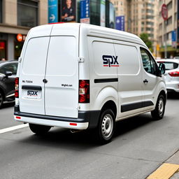 A clean and modern white mini blind van prominently displaying the logo "SPX" on its side