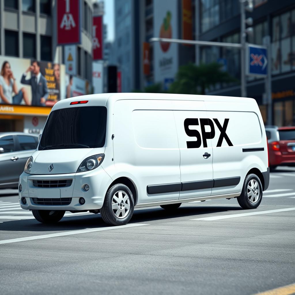 A clean and modern white mini blind van prominently displaying the logo "SPX" on its side