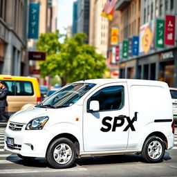A clean and modern white mini blind van prominently displaying the logo "SPX" on its side