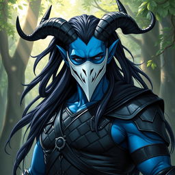 A blue tiefling man with prominent curved horns and long, flowing black hair, clad in sleek black leather armor that highlights his muscular build