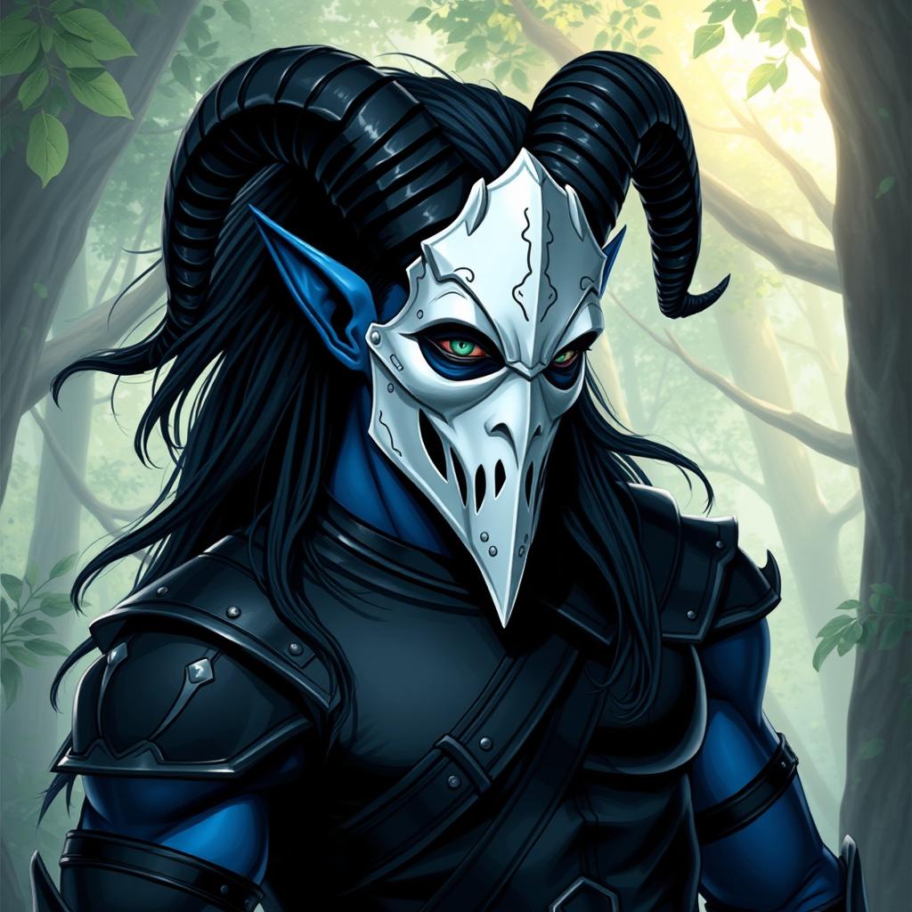 A blue tiefling man with prominent curved horns and long, flowing black hair, clad in sleek black leather armor that highlights his muscular build