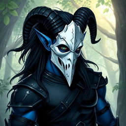 A blue tiefling man with prominent curved horns and long, flowing black hair, clad in sleek black leather armor that highlights his muscular build