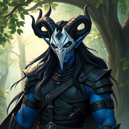 A blue tiefling man with prominent curved horns and long, flowing black hair, clad in sleek black leather armor that highlights his muscular build
