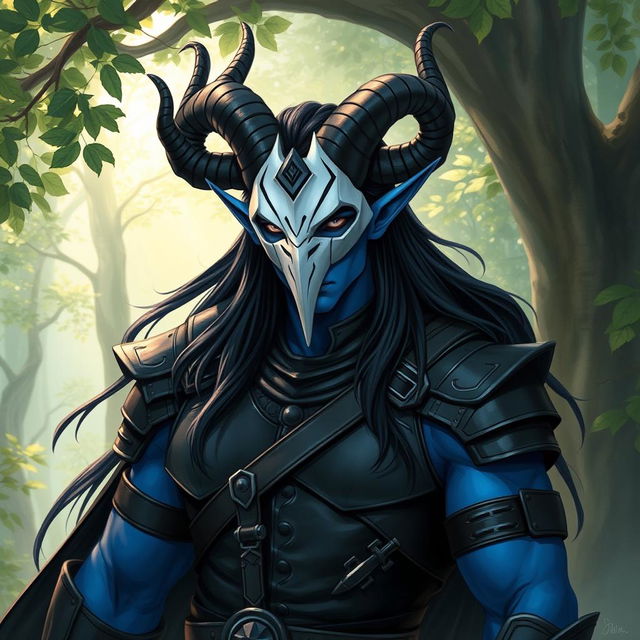 A blue tiefling man with prominent curved horns and long, flowing black hair, clad in sleek black leather armor that highlights his muscular build
