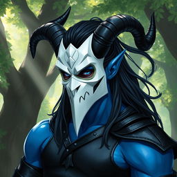 A blue tiefling man with prominent curved horns and long, flowing black hair, clad in sleek black leather armor that highlights his muscular build