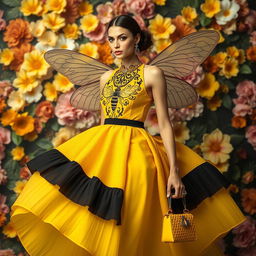 A stunning fashion design inspired by bees, featuring a striking yellow and black color palette reminiscent of bee stripes