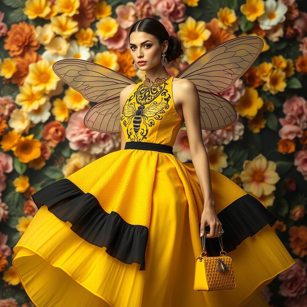 A stunning fashion design inspired by bees, featuring a striking yellow and black color palette reminiscent of bee stripes