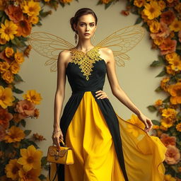 A stunning fashion design inspired by bees, featuring a striking yellow and black color palette reminiscent of bee stripes