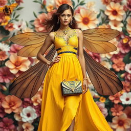 A stunning fashion design inspired by bees, featuring a striking yellow and black color palette reminiscent of bee stripes