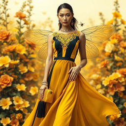 A stunning fashion design inspired by bees, featuring a striking yellow and black color palette reminiscent of bee stripes