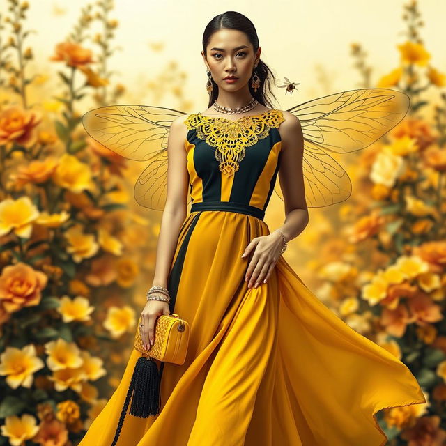 A stunning fashion design inspired by bees, featuring a striking yellow and black color palette reminiscent of bee stripes