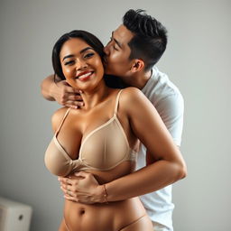 A 39-year-old Indonesian man with pure white skin is affectionately hugging a beautiful 28-year-old woman with a sturdy and sexy body from behind, gently kissing her cheek