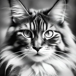 An artistic black and white portrait of a Maine Coon cat. Capture its unique characteristics, long, lush fur and tufted ears, while enhancing its dramatic facial expressions.