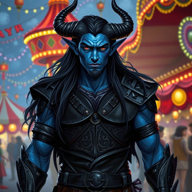 A blue tiefling man with elegantly curved horns and long, flowing black hair, clad in striking black leather armor that highlights his muscular physique