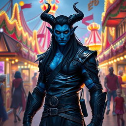 A blue tiefling man with elegantly curved horns and long, flowing black hair, clad in striking black leather armor that highlights his muscular physique