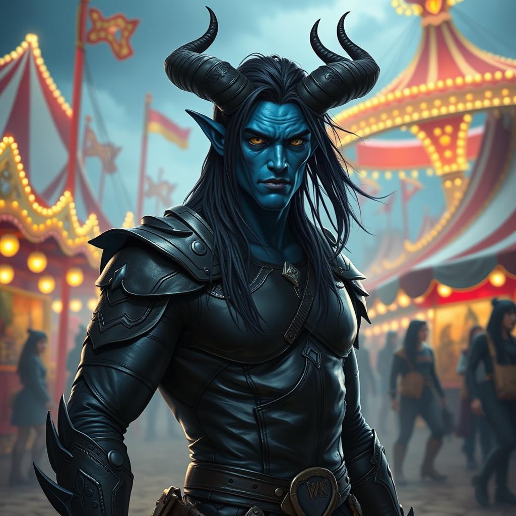 A blue tiefling man with elegantly curved horns and long, flowing black hair, clad in striking black leather armor that highlights his muscular physique