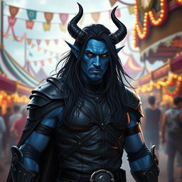 A blue tiefling man with elegantly curved horns and long, flowing black hair, clad in striking black leather armor that highlights his muscular physique