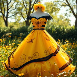 A stunning dress design inspired by bees, featuring a vibrant yellow and black color palette that mimics the natural coloration of bee stripes