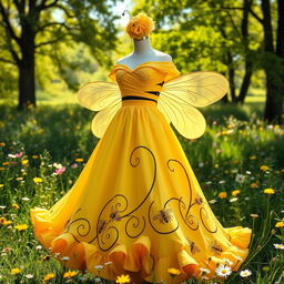 A stunning dress design inspired by bees, featuring a vibrant yellow and black color palette that mimics the natural coloration of bee stripes