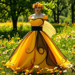 A stunning dress design inspired by bees, featuring a vibrant yellow and black color palette that mimics the natural coloration of bee stripes